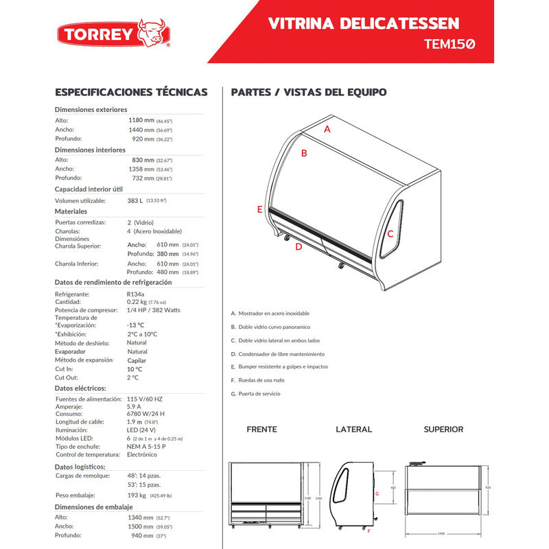 Vitrina Delicatessen Torrey Tem-150 Color Blanco 1.5m Reyfri Curvo