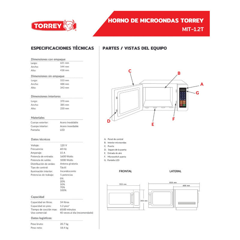 Microondas Industrial Torrey Mit-1.2t Acero Inoxidable 34l