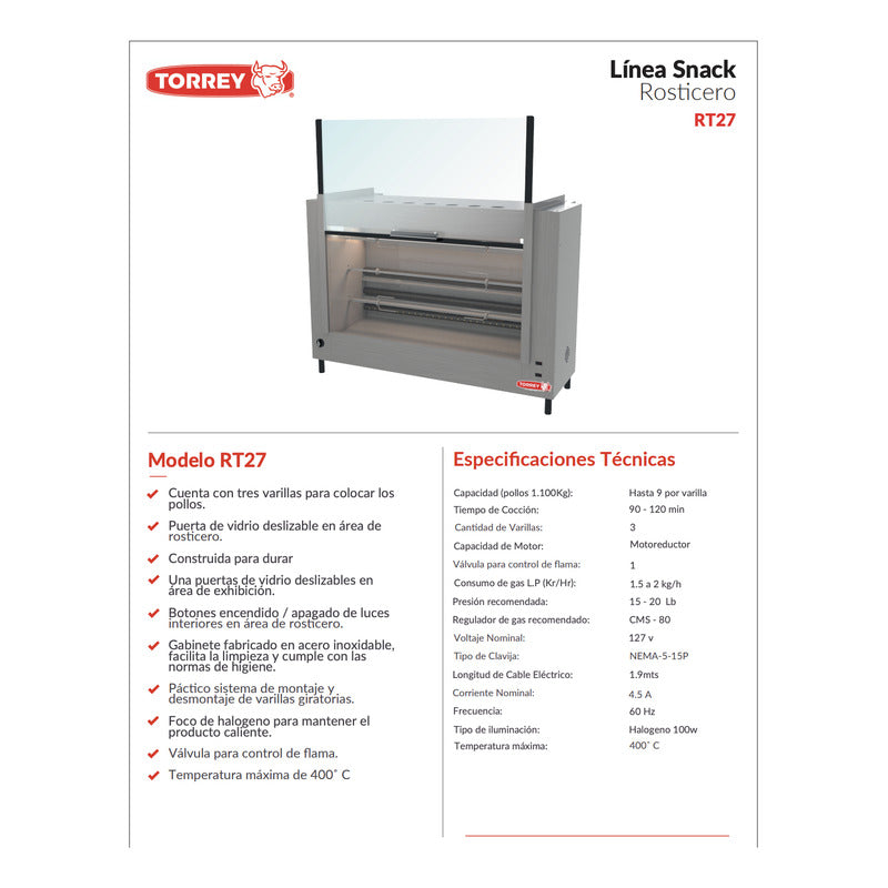 Horno Rosticero De Gas Torrey Rt-27 Para 27 Pollos Reyfri