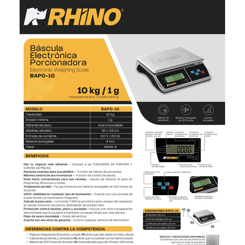 Báscula Comercial Digital Rhino Bapo-10 10kg 30 cm X 23 cm Aluminio