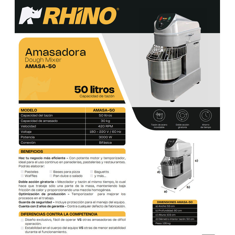 Amasadora Industrial Rhino 50 Lts. Amasa-50 Para 30kg 220v