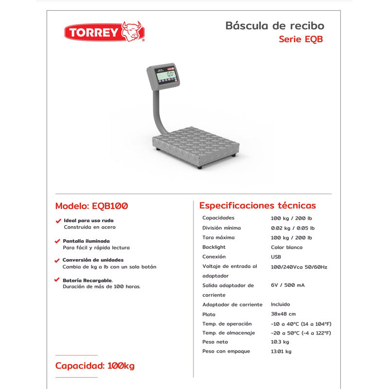 Báscula Comercial Digital Torrey Eqb 100kg 48 cm X 38 cm Gris