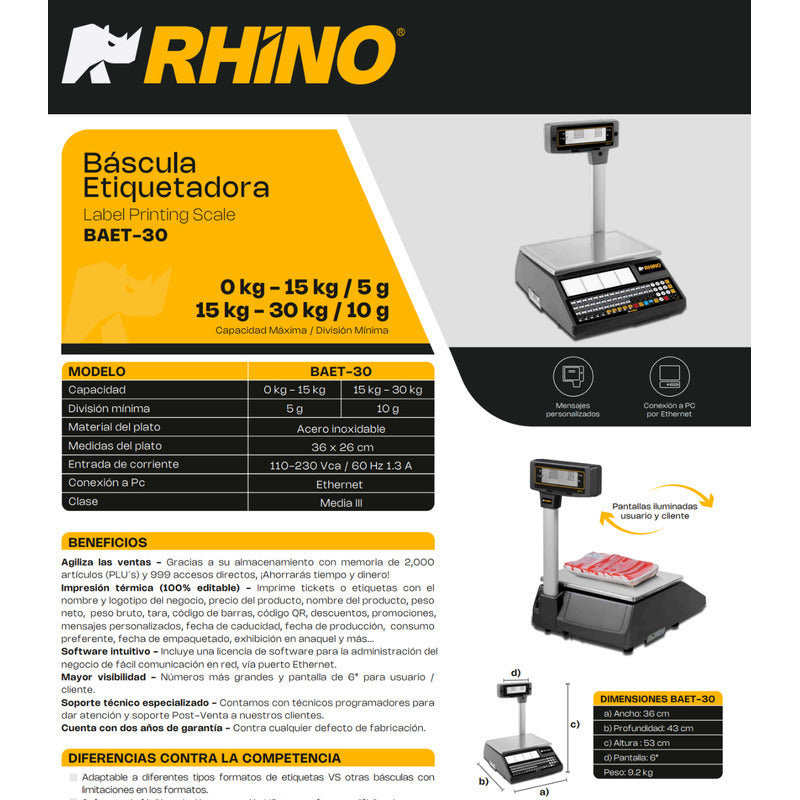 Báscula Etiquetadora Digital Rhino Baet-30 30kg Con Mástil