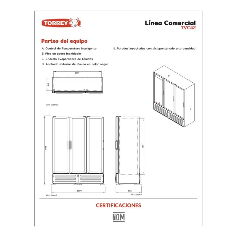 Refrigerador Comercial Vertical Torrey Tvc-42 3p 0° A 9°c Negro