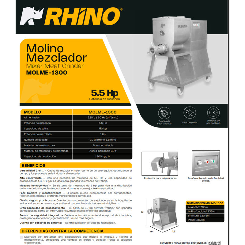 Molino Mezclador Rhino Molme1300 A.inox 5.5hp 220v Trifásico