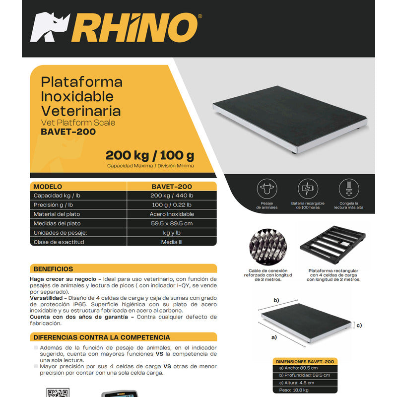 Báscula Comercial Digital Rhino 90 X 60 Cm Bavet-200 Kg