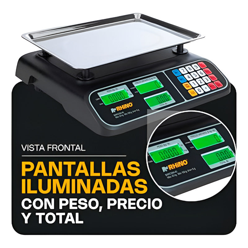 Báscula Comercial 40kg / 5g Charola Acero Barcom-40 Rhino Negro