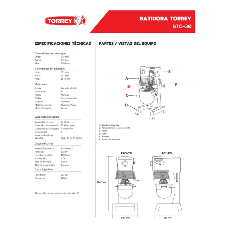 Batidora De Pedestal Industrial Torrey Bto-30 60 Hz 110 V - Gris - 60 Hz