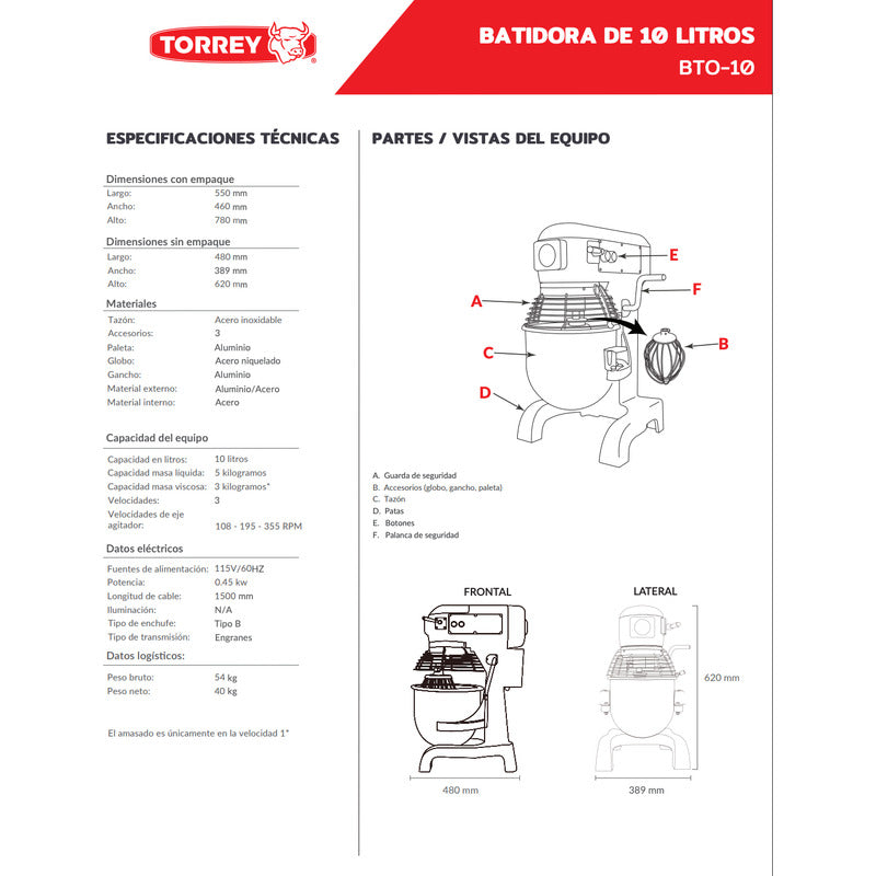 Batidora De Pedestal Industrial Torrey Bto-10 Litros Reyfri Gris 60 Hz