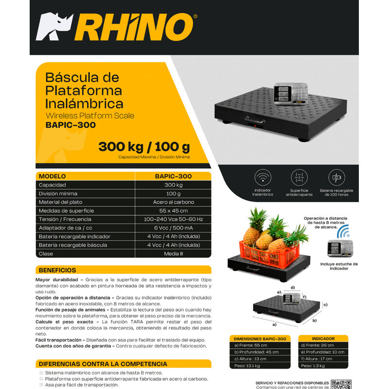 Bascula De Plataforma Inalambrica 300 Kg Rhino Bapic-300 Gris