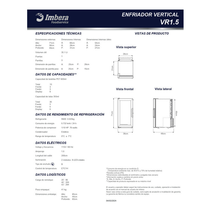 Refrigerador Comercial Vertical Imbera Vr-1.5 Ft3 Reyfri