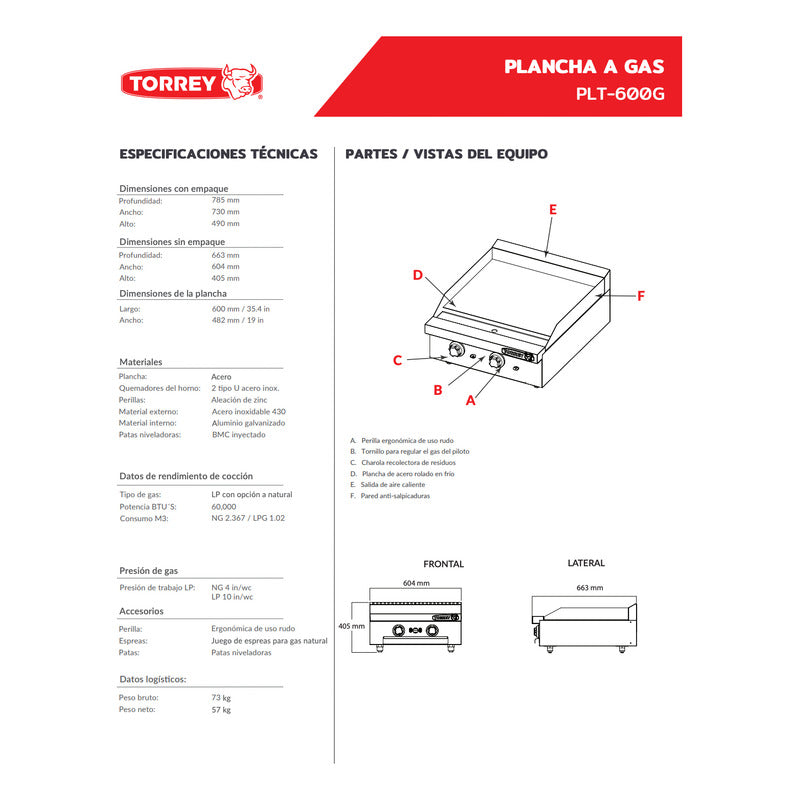 Plancha Industrial Torrey 2 Quemadores A Gas Plt-600g A.inox Gris