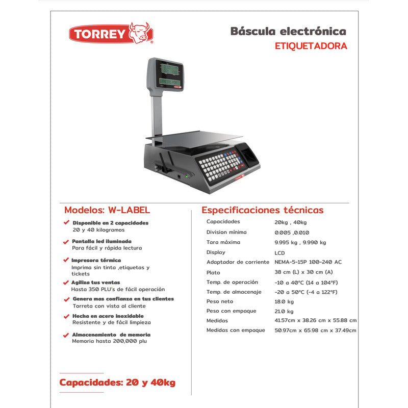 Báscula Comercial Digital Torrey W-label 20kg 38 cm X 30 cm