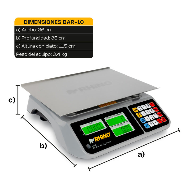 Báscula Comercial Digital 60 Kg Rhino Bar-10 + Cable Usb Gris