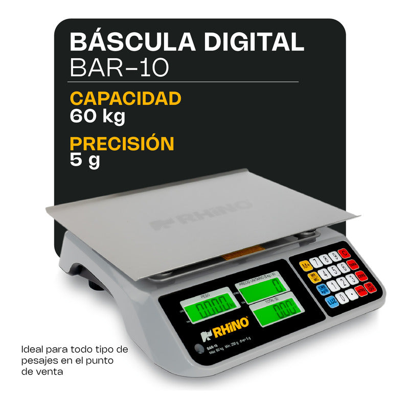 Báscula Comercial Digital 60 Kg Rhino Bar-10 + Cable Usb Gris