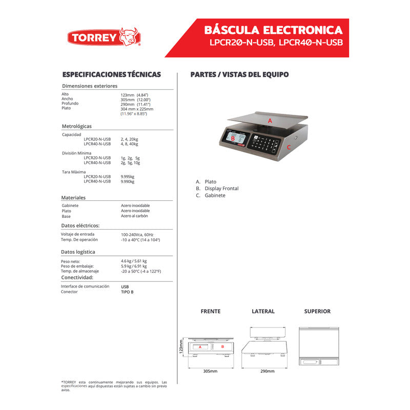 Báscula Comercial Torrey Lpcr-40 Acero Inox 40 Kg Usb Reyfri Acero Inoxidable