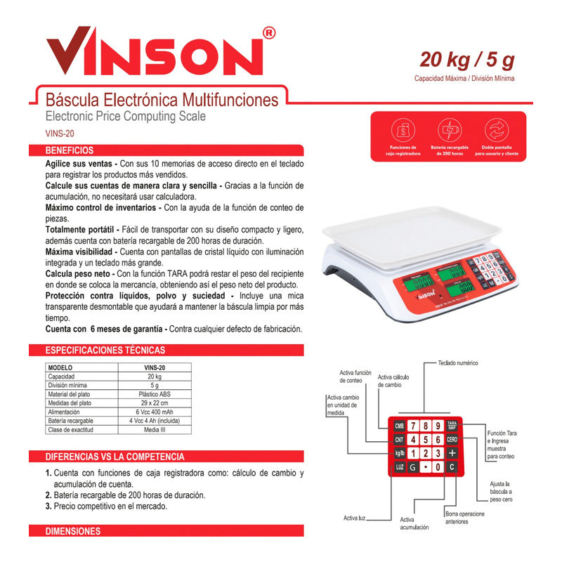 Báscula Comercial Digital Vinson Vins-20 20kg 29 Cm X 22 Cm Blanco