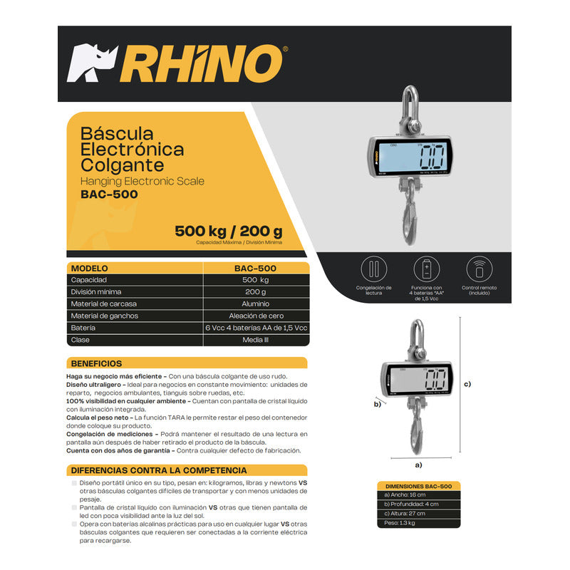 Báscula Comercial Digital Colgante Rhino Bac-500 500kg