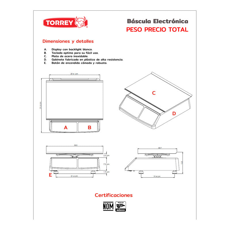 Báscula Digital Torrey Sx30-pro 30 Kg 22.7 X 33cm Reyfri Blanco