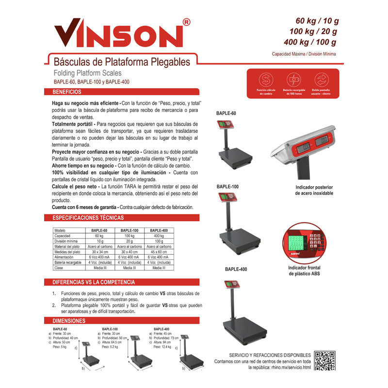 Báscula De Plataforma Plegable 400 Kg Vinson Baple-400 Negro