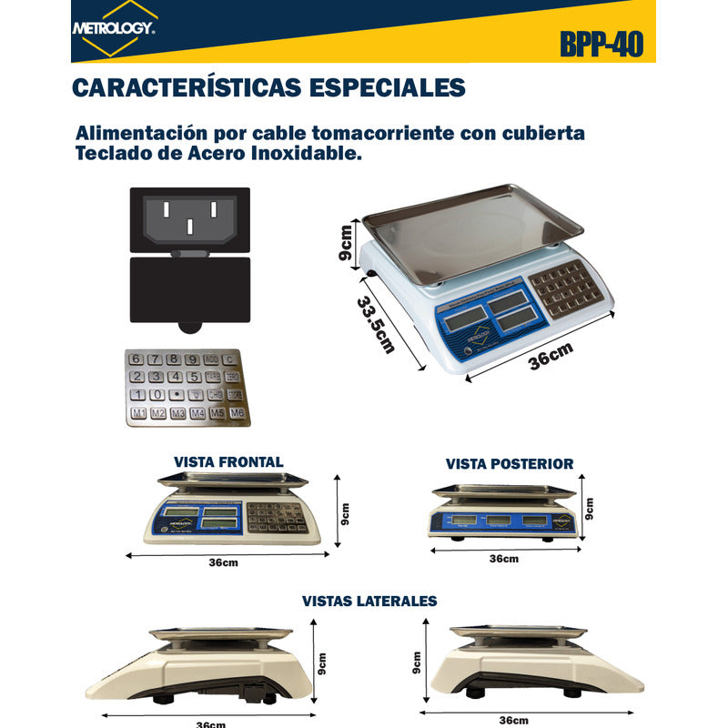 Báscula Comercial Digital Metrology Bpp-40 Kg Blanca Reyfri Blanco