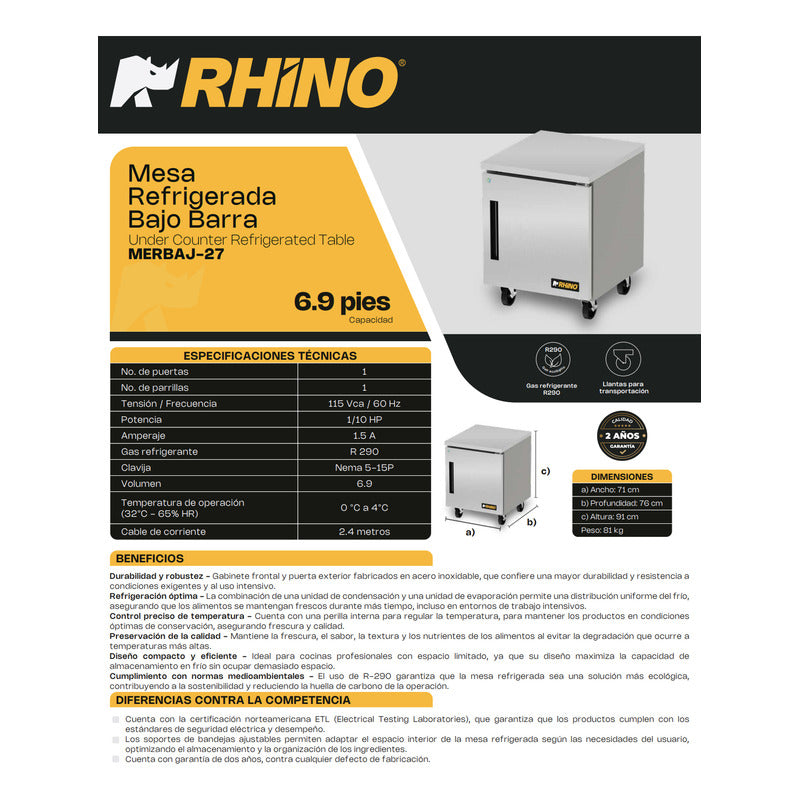 Mesa Refrigerada Bajo Barra Rhino Merbaj-27 A.inox 0°c A 4°c Acero Inoxidable