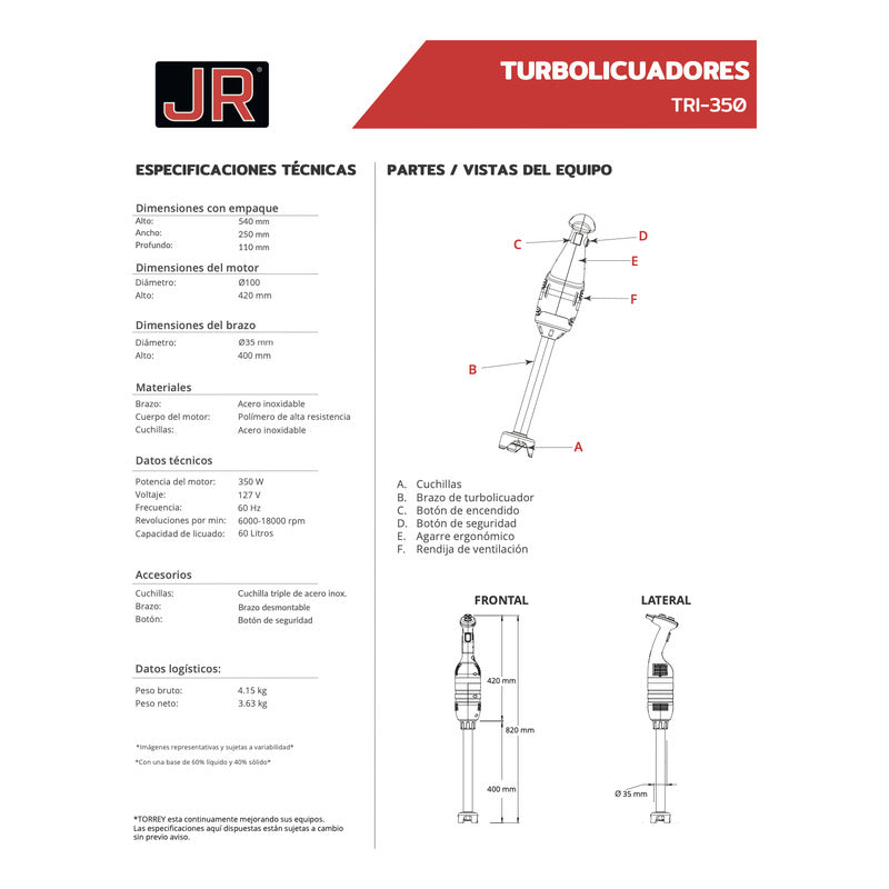 Turbolicuador De Inmersión Torrey Linea Jr 60 Lts. Tri-350 Negro