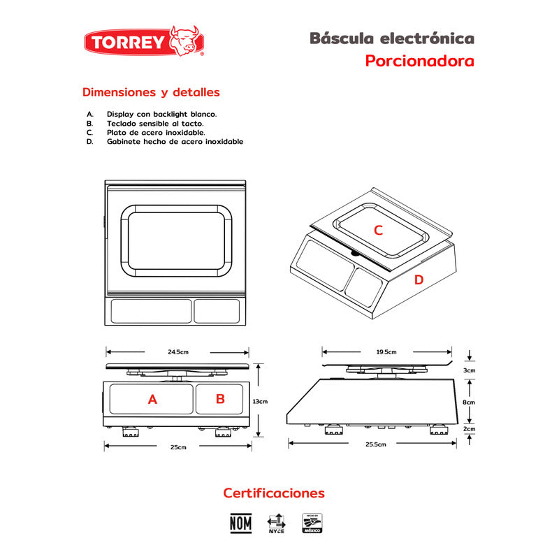 Báscula Porcionadora De Acero Inoxidable 12kg Torrey Leq-12 Plateado