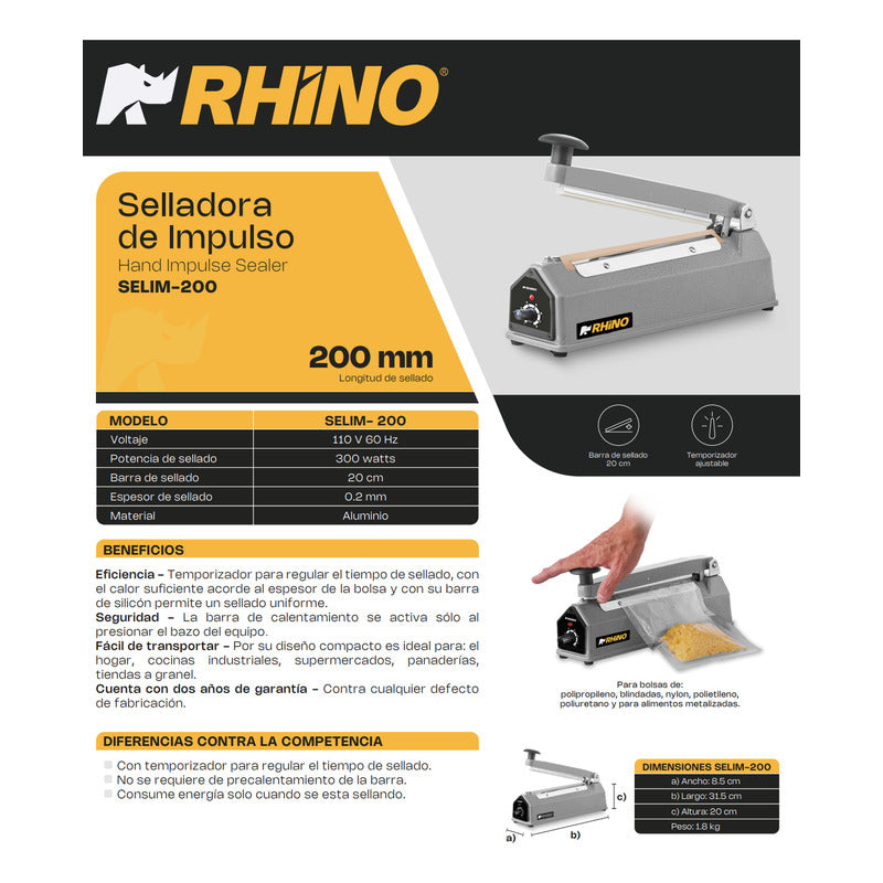 Selladora De Bolsas Rhino Calor Y Temporizador 20 Cm 300 W