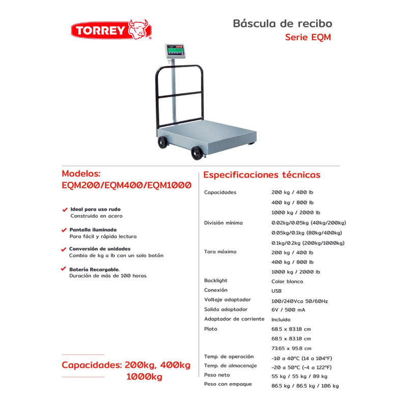 Báscula Industrial Digital Torrey Eqm-400 Kg 83 cm X 68 Cm
