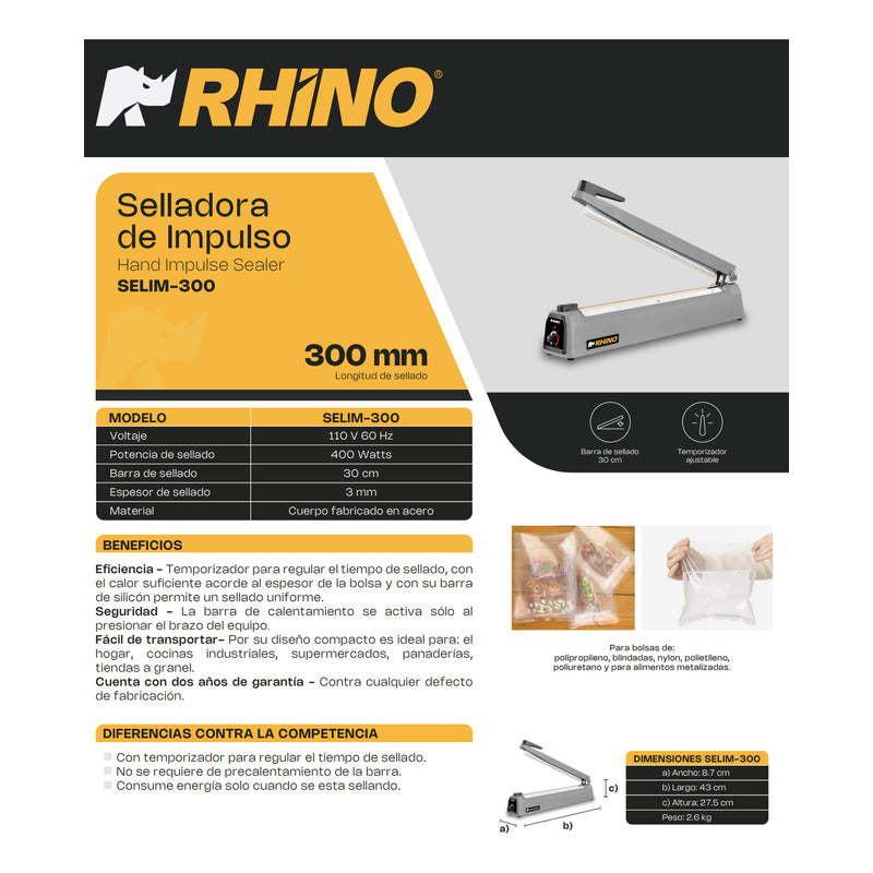 Selladora De Bolsas Rhino Calor Y Temporizador 30cm 400w