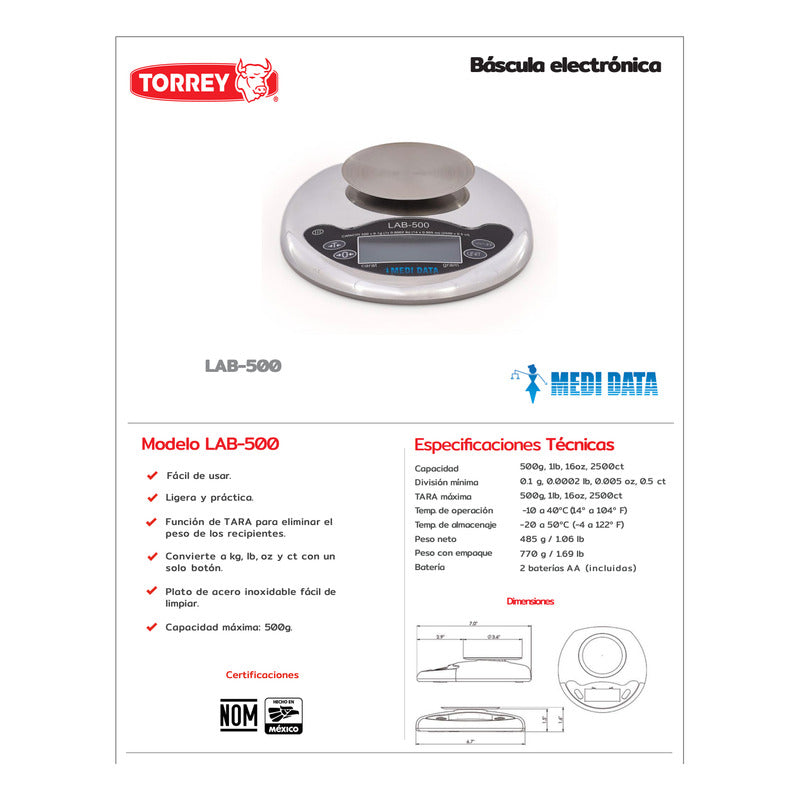 Báscula Gramera De Precisión Torrey Lab-500 Grs X 0.1 Gr Gris 500 G