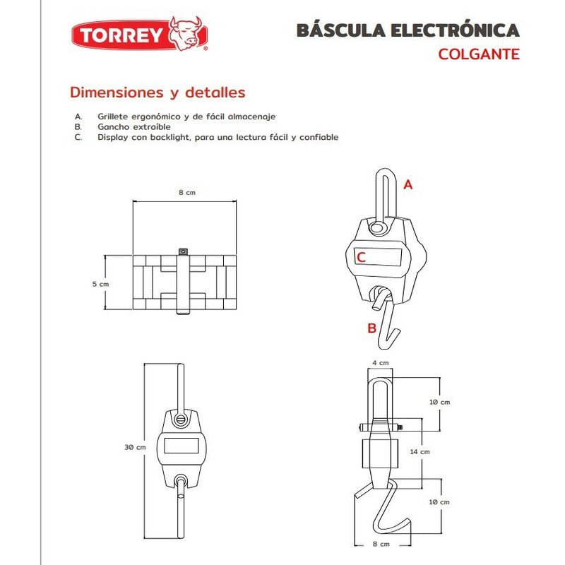 Bascula Electrónica Industrial Colgante Torrey 300kg Crs-300 Roja Gancho Extraíble Iluminación Led Pesa En Kg Y Libras
