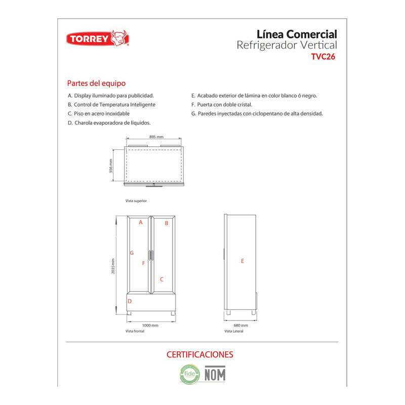 Refrigerador Comercial Vertical Torrey Tvc-26 0°c A 7°c  Blanco