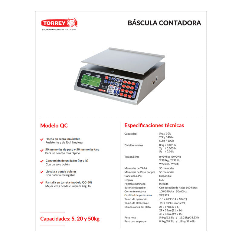 Báscula Contadora Torrey Acero Inoxidable Qc-5 Kg Lcd