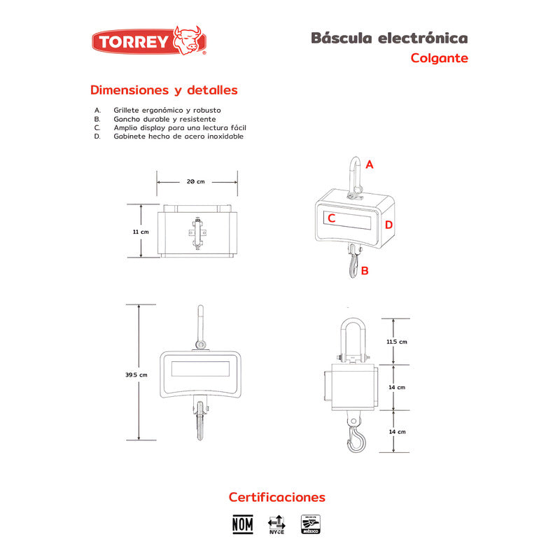 Báscula Industrial Digital Colgante Torrey Crs-1000 Kg