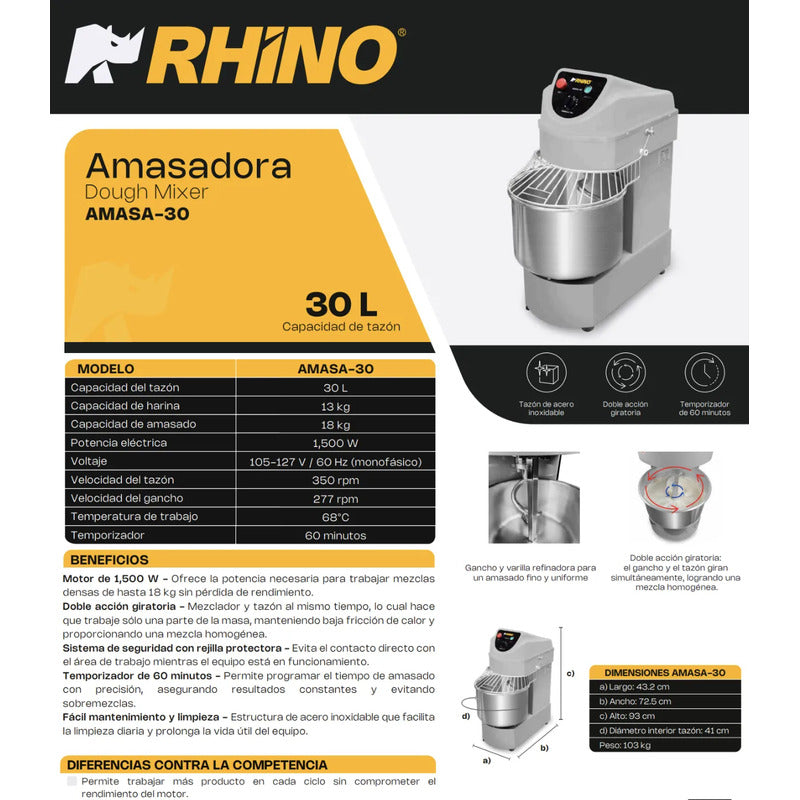 Amasadora Comercial Rhino Amasa-30 Lts 2hp Capacidad 13kg