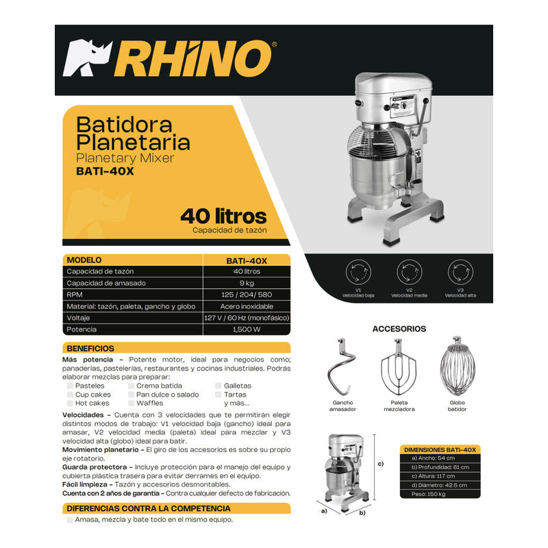 Batidora Planetaria Rhino Bati-60 Litros 12kg Amasado Reyfri Gris 60 Hz