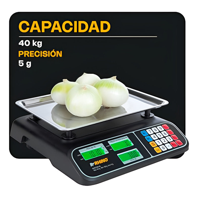 Báscula Comercial 40kg / 5g Charola Acero Barcom-40 Rhino Negro
