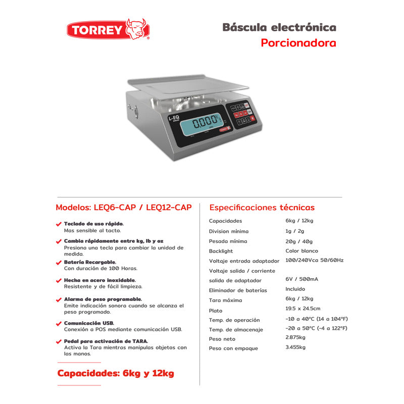 Báscula Porcionadora De Acero Inoxidable 12kg Torrey Leq-12 Plateado