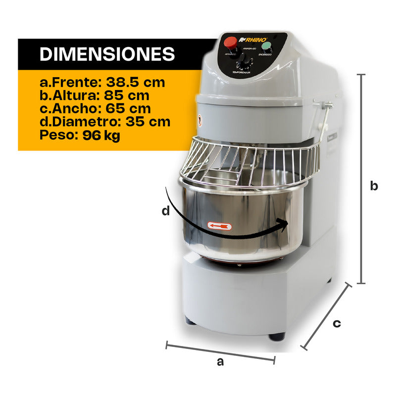 Amasadora Industrial Rhino 20 Lts. Tazón Acero Inoxidable