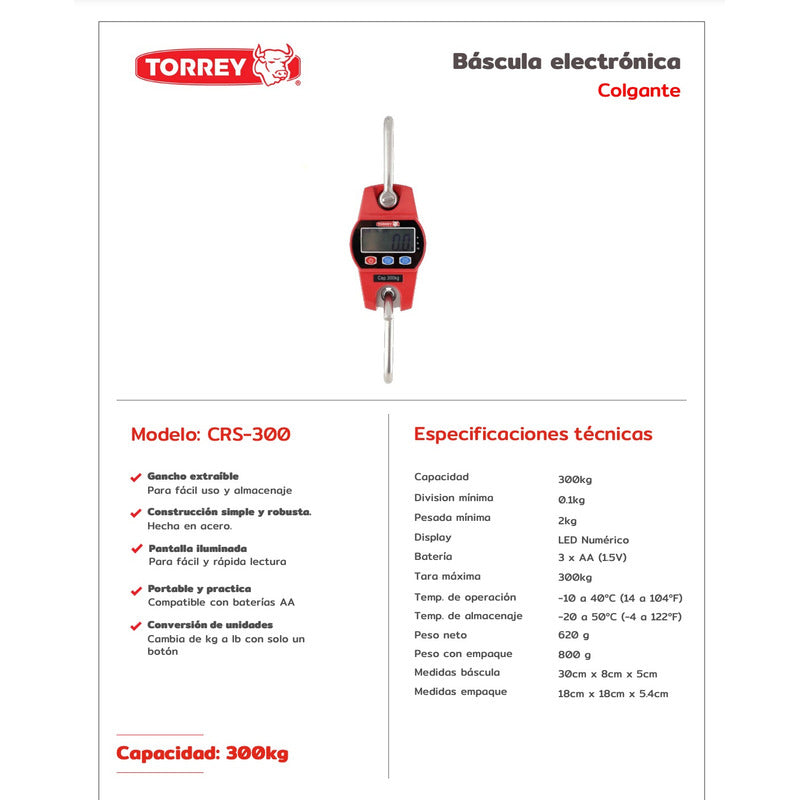 Báscula Industrial Digital Colgante Torrey Crs-300 300kg