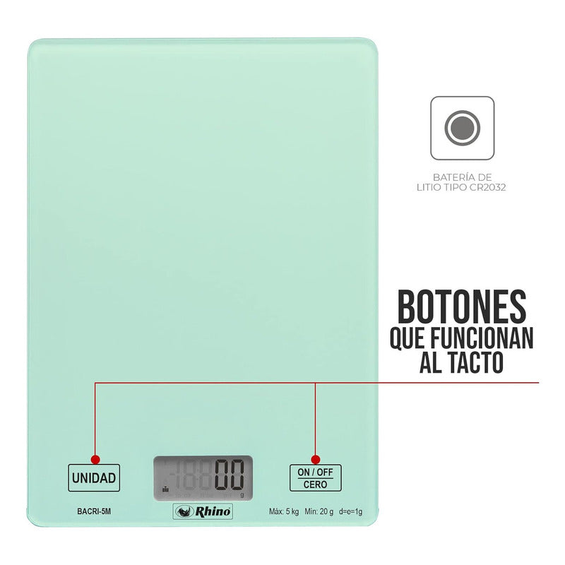 Bascula Digital Rhino De Cocina Bacri-5m 5kg Cristal Capacidad Máxima 5 Kg Color Turquesa