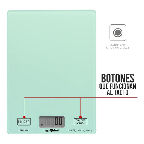 Bascula Digital Rhino De Cocina Bacri-5m 5kg Cristal Capacidad Máxima 5 Kg Color Turquesa