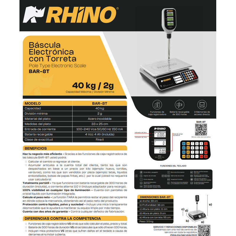 Báscula Comercial Digital Rhino Bar-8t 40kg Con Mástil