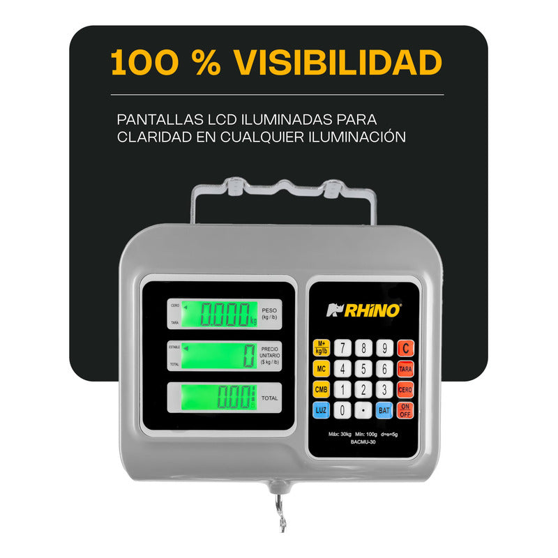 Báscula Comercial Digital Colgante Rhino Bacmu-30 Kg 110v  Gris