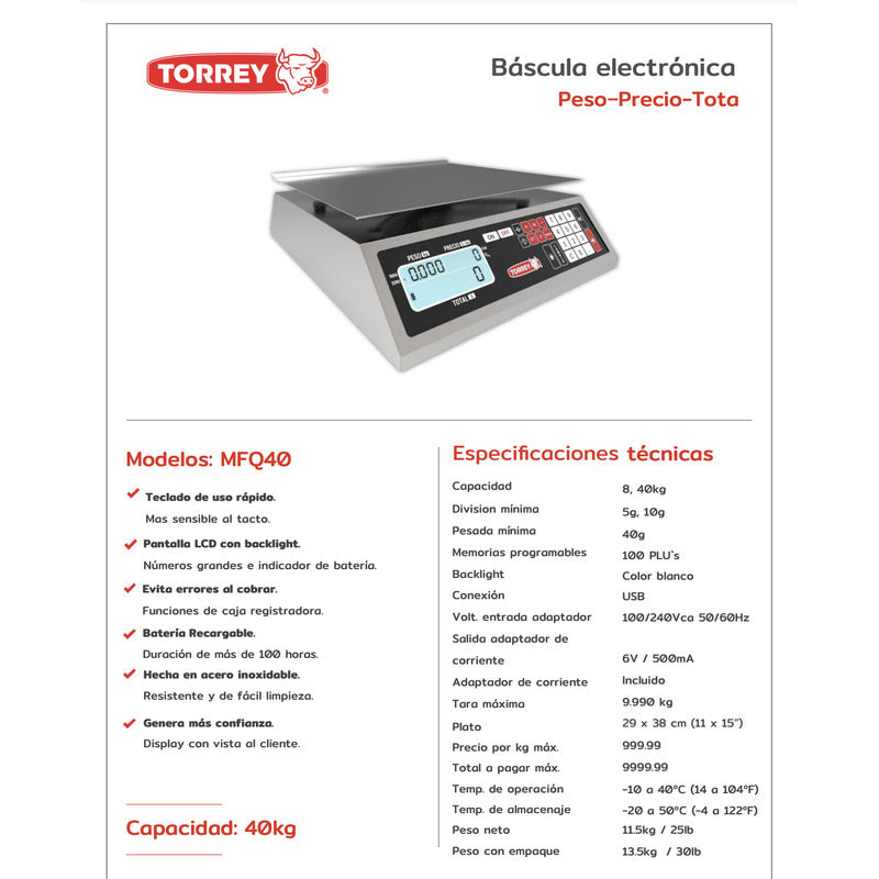 Báscula Comercial Digital Torrey A. Inox Mfq-40kg