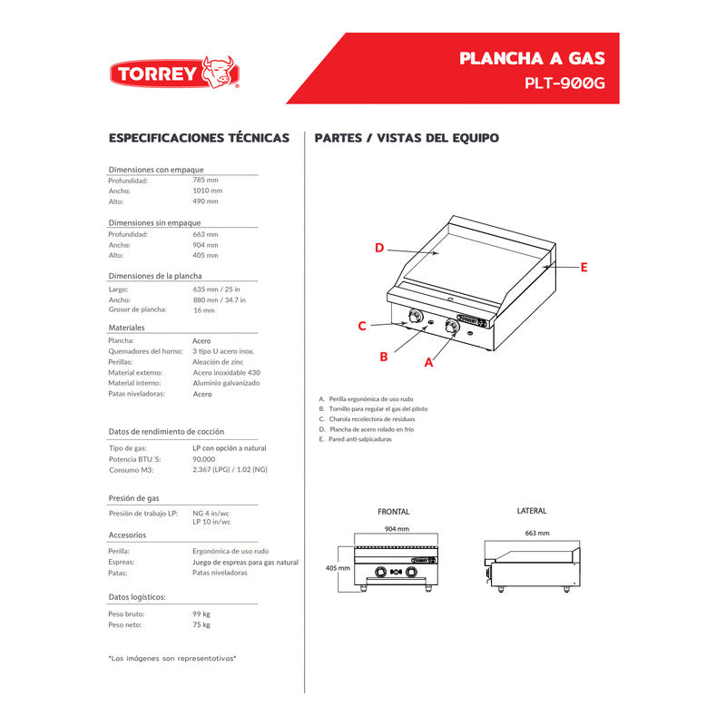 Plancha A Gas 3 Quemadores Torrey Plt-900g Acero Inoxidable Gris