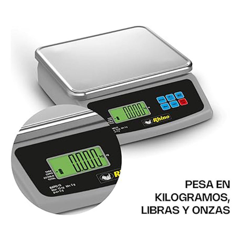 Báscula Electrónica Porcionadora Rhino 15kg/5g Bapo-15 5g Color Aluminio