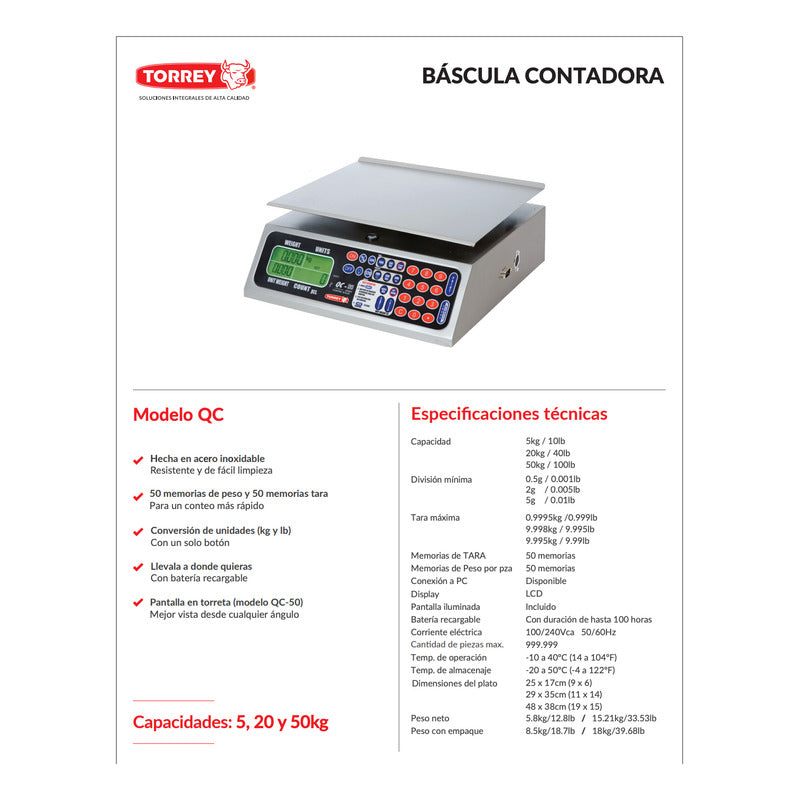 Báscula Contadora Torrey Acero Inoxidable Qc-20 Kg Lcd